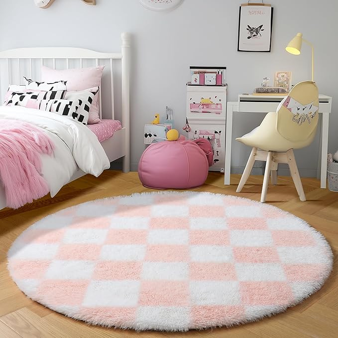 KICMOR Pink Round Rugs 5ft for Girls Bedroom, Fluffy Soft Checkered Circle Area Rug Cute Fuzzy Shag Shaggy Living Room Carpet, Indoor Plush Circular Rug for Kids Room Nursery Home Decor Aesthetic