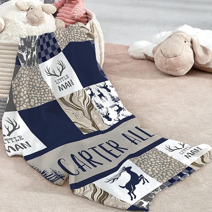 Custom Baby Crib Bedding Set - Navy Deer Design Personalized Name Baby Nursery Bedding 3 Pcs Set - Chic Soft Blanket, Fitted Sheet, Room Rug for Newborns Boys Girls Gifts