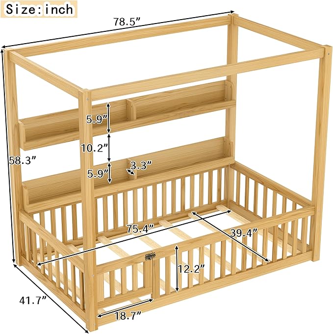 Bellemave Twin Size Canopy Bed with Guardrails and Door, Wood Floor Bed with Shelves for Toddlers, Built in 4 Poster Design,Montessori Bed for Kids,Boys,Girls,Easy Assemble（Twin,Natural）