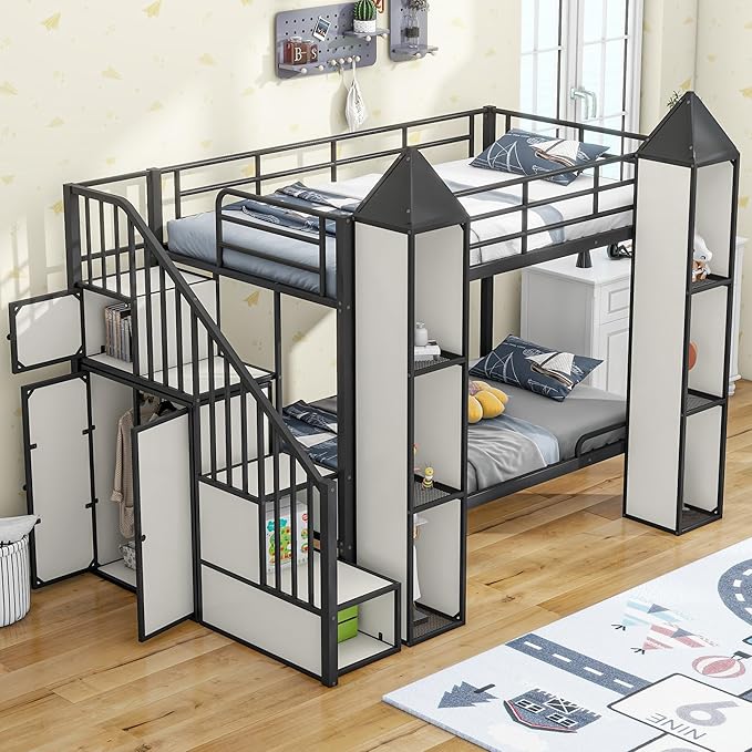 Twin Over Twin Castle-Shaped Bunk Bed with Wardrobe and Multiple Storage, Metal Bunk Bed with Storage Staircase and Safety Guardrail for Kids Teens Boys Girls Bedroom (White+Black 04)