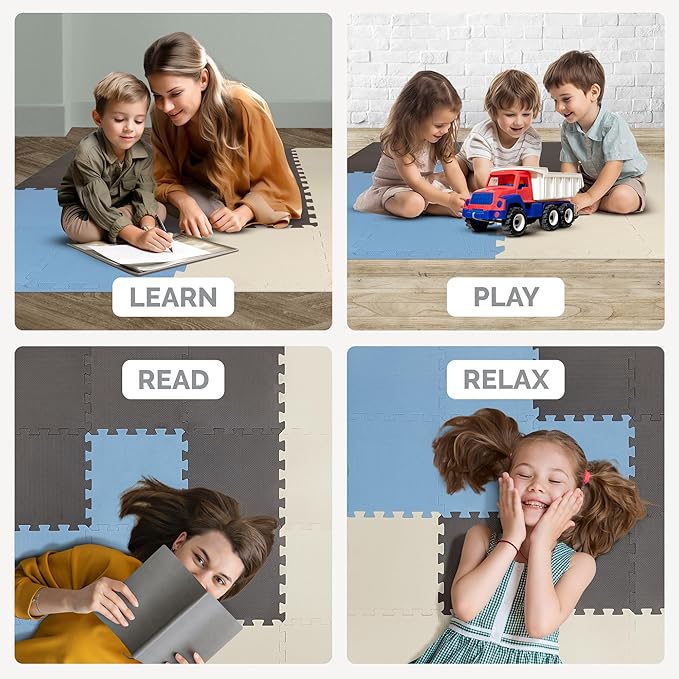 TOYVELT Foam Puzzle Floor Mat for Kids 12x12-32 Tiles Interlocking Play Mat with Colors - Educational Large Puzzle Foam Floor Tiles for Crawling, Non-Toxic - Blue-Brown-Beige