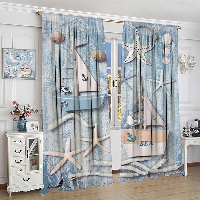 Nautical Curtain,Navy Anchor Sailing Map Starfish Seashells Bedroom Curtain,Waterproof Washable Fabric for Bedroom Decor Set 2 Panels,84x84 Inches