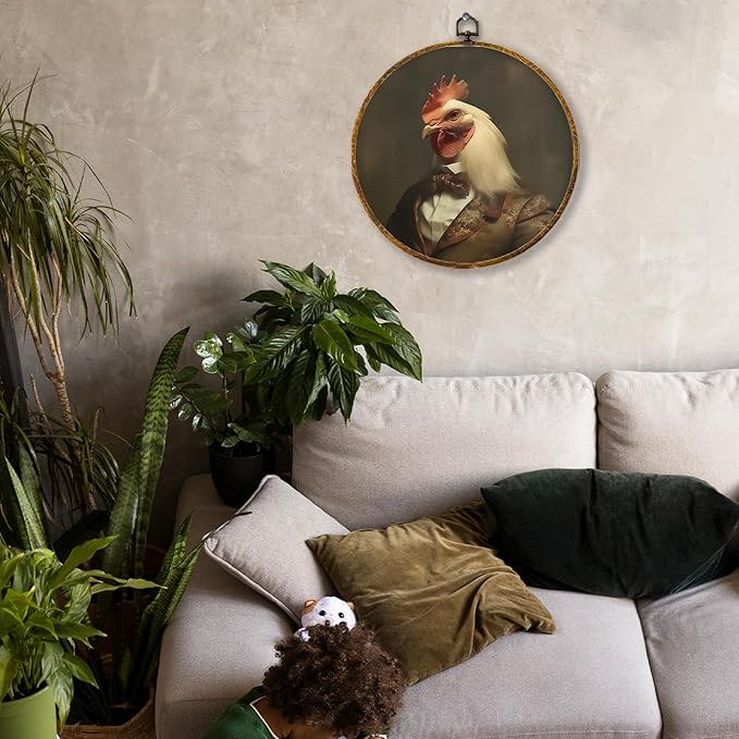 Hiuwevt Vintage Chicken Round Wall Art Decor, Whimsical Dark Moody Chicken Framed Canvas Prints, Rustic Country Farm Animal Round Wall Hanging Decor for Kitchen Home Bedroom Decorations, 10x10 Inches