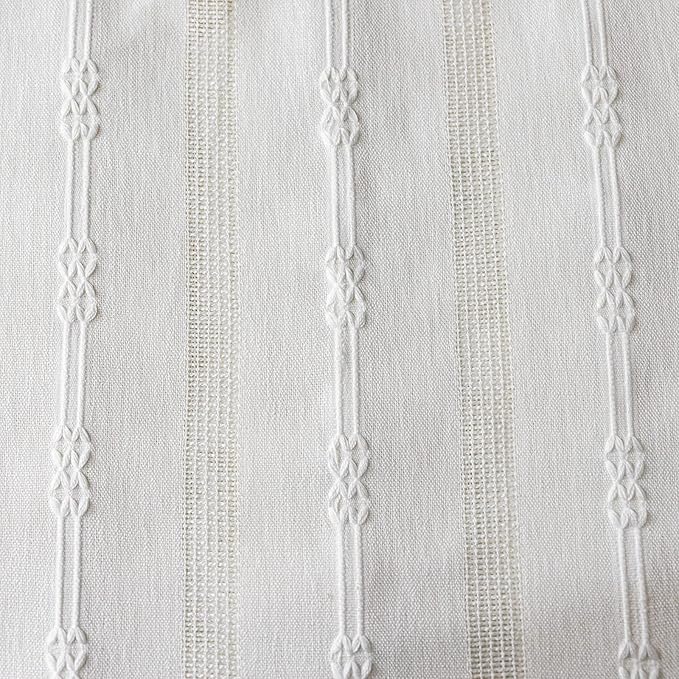 Deeprove Boho Curtain 84 Inches Long, Cotton Linen Nordic Scandinavian Style White Stripes Embroidery Shabby Chic Hollow Geometric, Semi Blackout Window Vintage Drape Tassels, 1 Panel W52 x L84