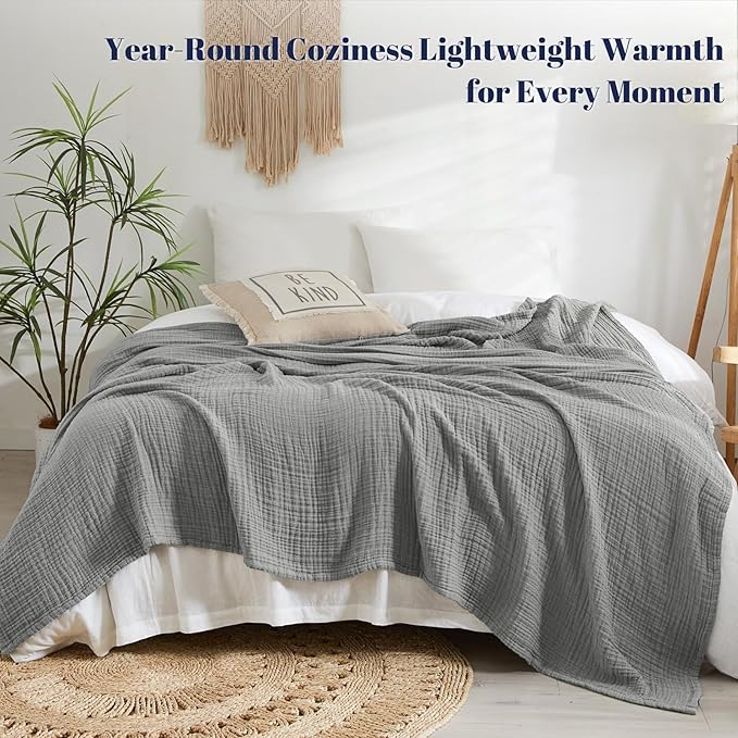 PHF 100% Cotton Muslin Blanket Queen Size 90"x90", 4-Layer Lightweight Gauze Throw, Breathable Cloud-Soft Minimalist Blanket for Bed, Couch, Camping & Baby, Grey, Ideal Gift