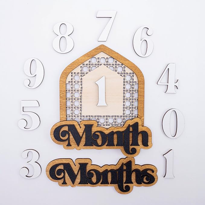 Wooden Baby Monthly Milestone Set with Patterned House Frame, 3D Numbers and Month Months Signs, Natural Wood Newborn Photo Prop for Baby Monthly Pictures