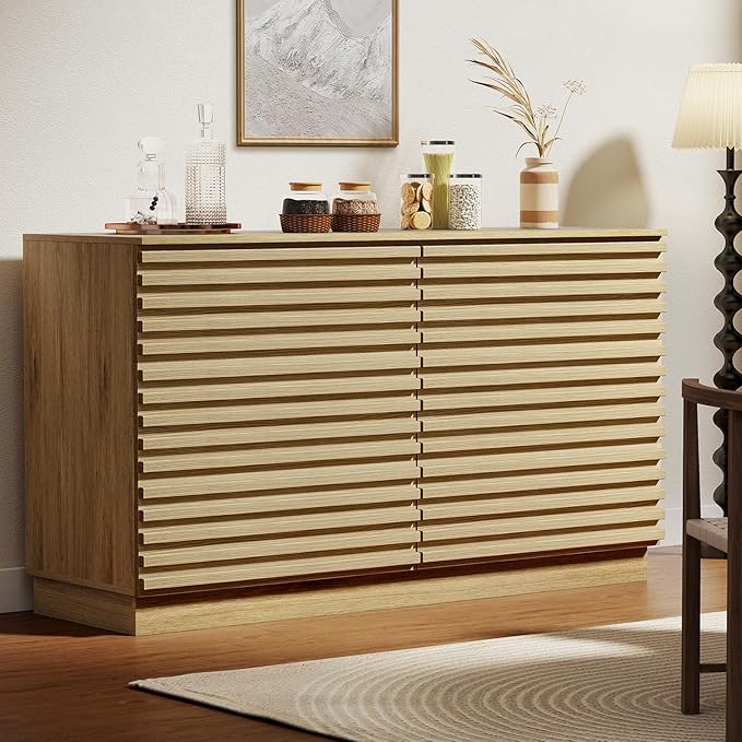EAG 6 Drawer Dresser for Bedroom, 47" Fluted Storage Cabinet with Drawers, Handleless Design, Modern Wide Dresser TV Stand for Bedroom, Living Room, Hallway, Natural Oak