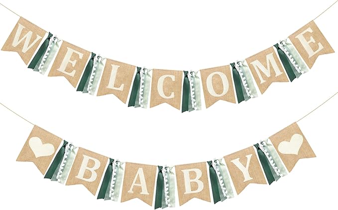 Welcome Baby Heart Burlap Pennant Banner Flag Felt Welcome Baby Sign and Heart Pattern with Sage Green Ribbon for Gender Reveal Neutral Baby Shower Welcome Baby Hello Baby Party Decorations Supplies