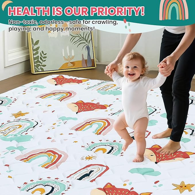 Baby Play Mat for Floor,50x50 Inch Soft Foam Padding Crawling Mat for Playpen, Foldable and Machine Washable, Thick for Babies & Toddlers,Rainbow Fox