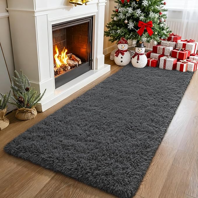 Merelax Soft Runner Rugs for Bedroom Living Room, 2x6 Feet Non Slip Plush Fluffy Long Rug for Hallway, Shag Furry Washable Area Rug for Bedside Nursery Kids Room Home Decor Carpet, Dark Grey