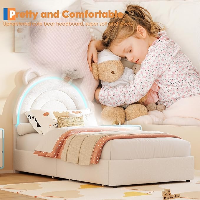 Garvee Princess Twin Size Bed Frame with 2 Storage Drawers & LED Lights, Upholstered Platform Bed with Rainbow Headboard for Kids/Girls, Solid Wood Slats Support, No Box Spring Needed, White