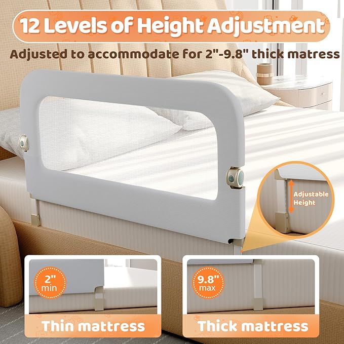 omzer Bed Guard Rail for Toddlers - 47inch Foldable & Adjustable Height Baby Bed Safety Side Rails - Large Toddler Crib Railing Guard for Twin, Bunk, Full Size, Queen & King, Full Size Bed Grey