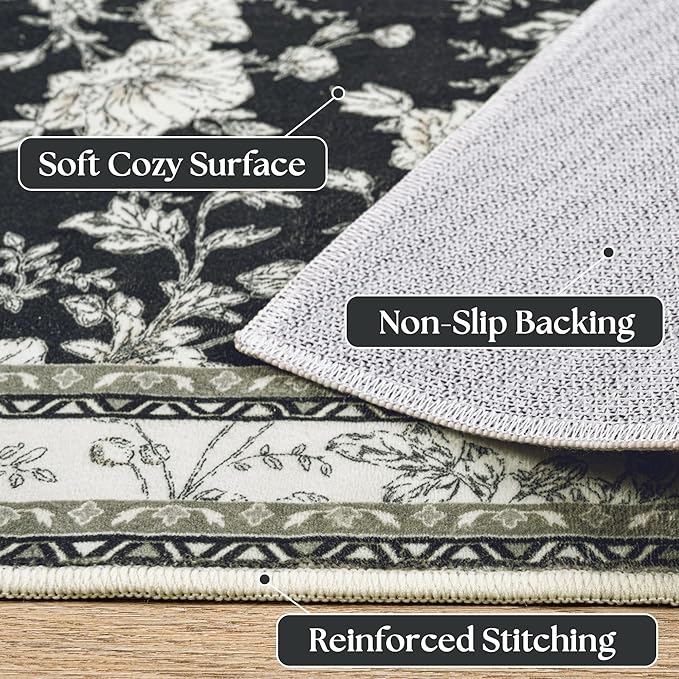 Extra Large Black Area Rug for Living Room 10x14, Floral Dining Room Rugs for Under Table, Washable Soft Non Slip Low Pile Carpet for Large Bedroom Black with Beige Cream Taupe Floral Design 10 x 14