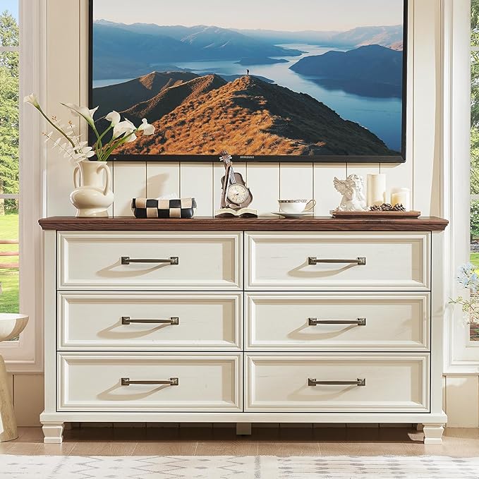 Farmhouse 6 Drawer Dresser for Bedroom, 54 inch Wide Large Vintage Chest of Drawers with Square Solid Wood Legs, Rustic TV Stand for Living Room, Wooden Storage Dressers for Hallway, White