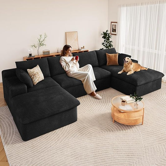 136" Cloud Modular Sectional Sofa with 1 Ottoman, Deep Seat Boneless Couch, Modern Upholstered Corduroy Couches, Comfort U Shaped Sofa for Living Room, No Assembly Required(Black,Right Facing Chaise)