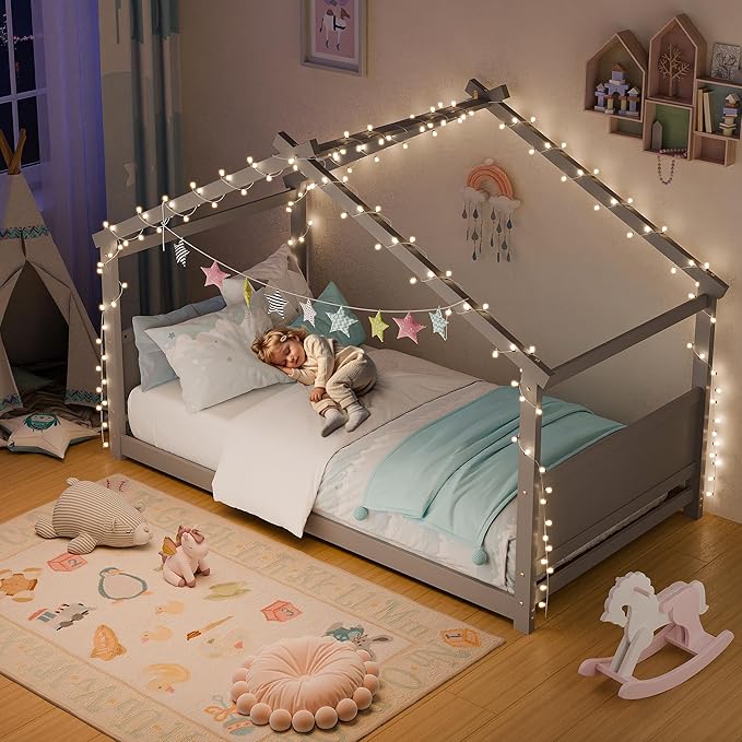 Twin House Bed, Montessori Floor Bed with Headboard & Footboard, Solid Wood Bed Frame for Toddlers Teens Bedroom, No Box Spring Needed, Grey