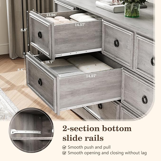 Grey 10 Drawer Dresser, 59" Large Dresser for Bedroom, Wood Chest of Drawers, TV Stand for 70 inch TV, Rustic Storage Dressers Organizer for Bedroom, Hallway