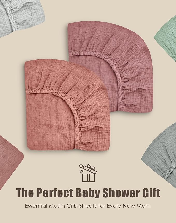 SWEET DOLPHIN 2-Pack Muslin Crib Sheets for Boys & Girls, Ultra Soft Breathable 40S Long-Staple Cotton Fitted Baby Sheets for Standard Crib Mattress 52"x28", Deep Bean Paste- Nursery Essentials