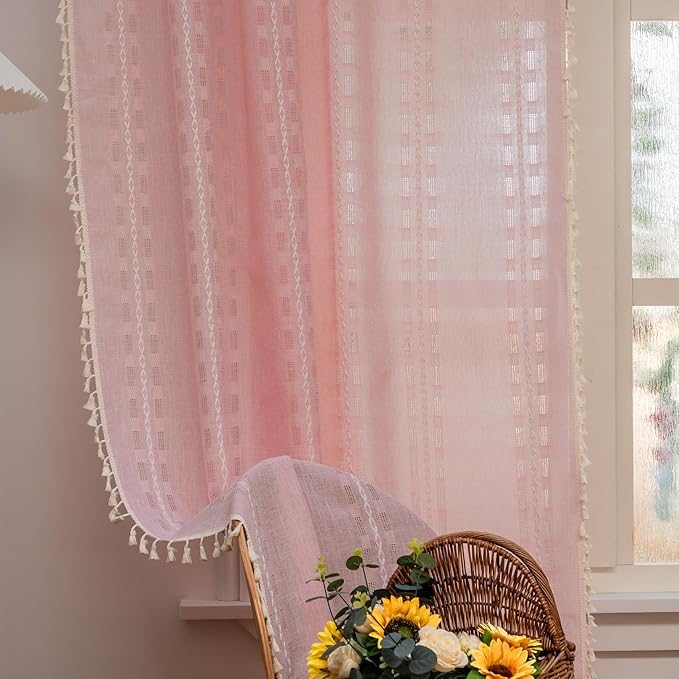 Deeprove Blush Pink Boho Curtain 96 inches Long for Living Room Bedroom, Vintage Bohemian Tassel Sheer 96 inches Puddle Length 8 FT Striped Embroidery Privacy Window Treatment W52 x L96, 1 Panel