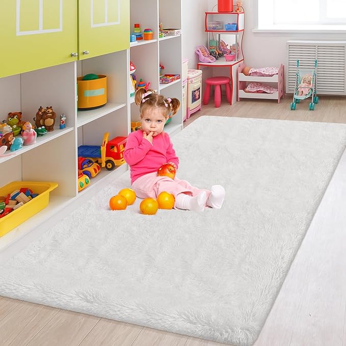 Soft White Fluffy Rugs for Living Room 5x8 Area Rug Shaggy White Carpet for Bedroom Cute Plush Fuzzy Rug for Kids Room Girls Bedroom Nursery Playroom Dorm Home Decor