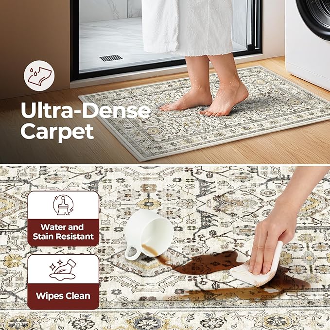 WITSHOCK Door Mat Indoor Entrance 2x3 Machine Washable Non Slip Backing Mat Soft Foldable,Vintage Rugs Mats, Throw Rugs for Front Door, Entryway Rug, Cream Color