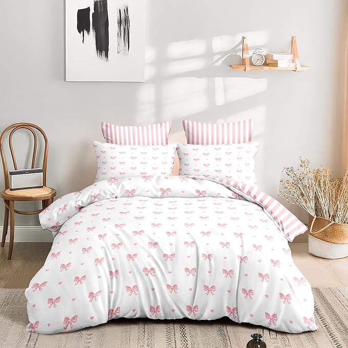Bow Duvet Cover Queen Size Pink Striped Heart Bedding Set Cute Love Heart Printed On White Comforter Cover with Zipper Closure Soft Breathable Microfiber for Kids Girls