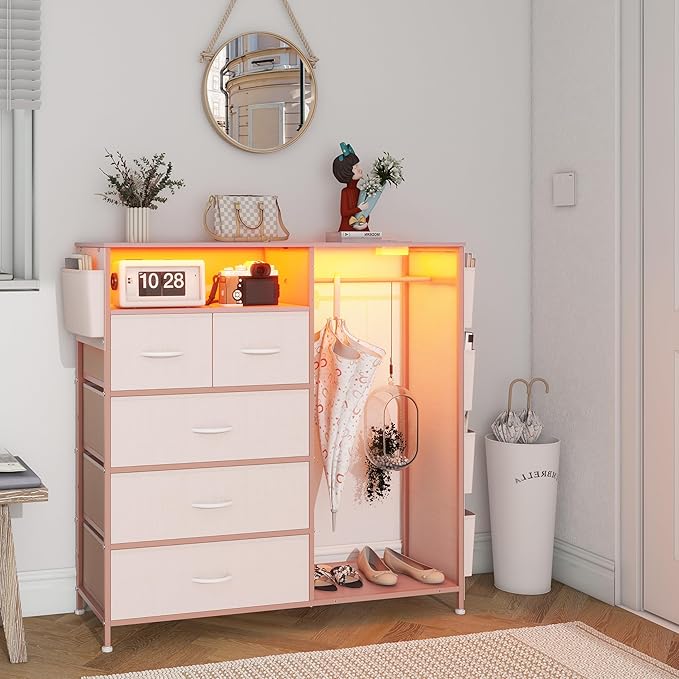 Dresser for Bedroom with Clothes Rack Side Pockets 5 Drawer Dresser with Charging Station LED Lights Black Storage Chest of Drawers for Hallway Closet Sturdy Steel Frame Wood Top (Pink)