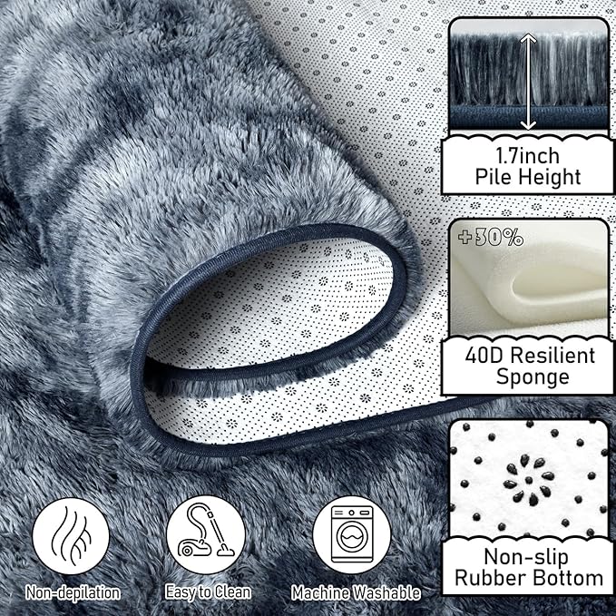 EVOIONOS Area Rug for Bedroom Living Room, Machine Washable 4x6 Fluffy Shag Rug, Soft Plush Non Slip Carpet for Indoor Floor Bedside Nursery Kids Room, Dorm, Home Decor Aesthetic, Tie-Dyed Blue Grey
