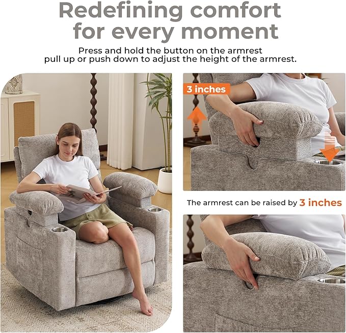 Oversized Power Recliner Chair Swivel Glider with Massage and Heat, Swivel Rocker Recliner with Adjustable Armrests, 26" Nursery Chair with Adjustable Headrest, Rocker Nursery Recliner, Light Grey