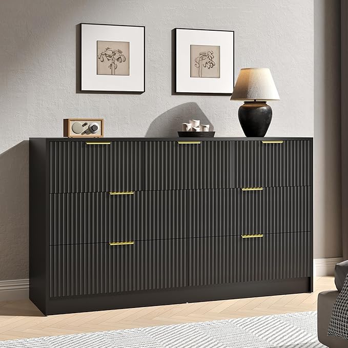 Black Dresser with 7 Drawer - 55” Wide Fluted Dresser for Bedroom with Metal Handle, Chest of Drawer, Wood TV Stand for Bedroom, Living Room, Black