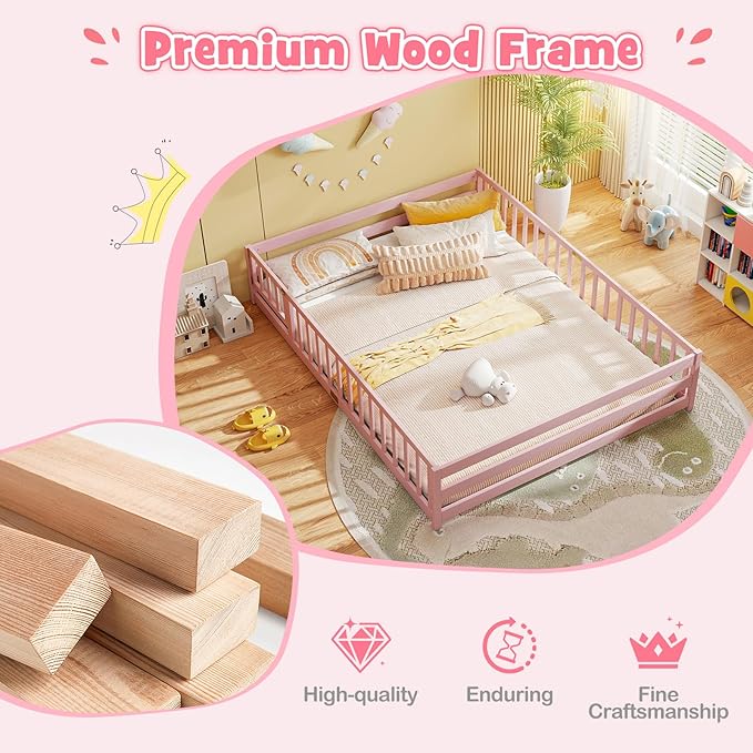 KOMFOTT Queen Size Wood Floor Bed with Door & Fence, Montessori Bed Frame with Full Length Safety Guardrails, Door & Latch, Wooden Montessori Floor Bed for Kids, Girls, Boys (Queen,Pink)