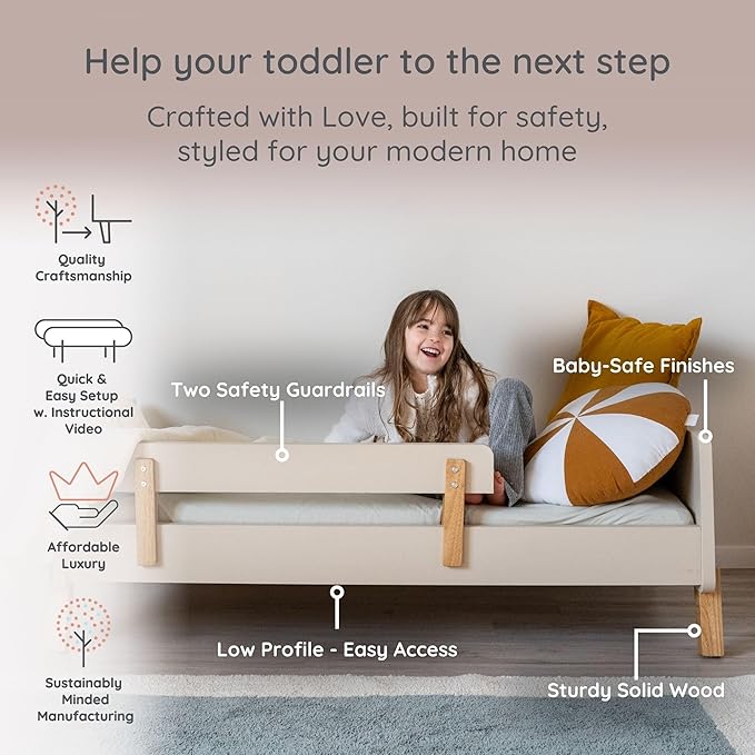 dadada Muse Toddler Bed with 2 Removable Safety Rails. Montessori Bed for Kids. Sturdy Solid Wood Frame, Fits Standard Crib Mattress, Easy to Assemble, Toddler Bed for Boys & Girls - Almond Milk