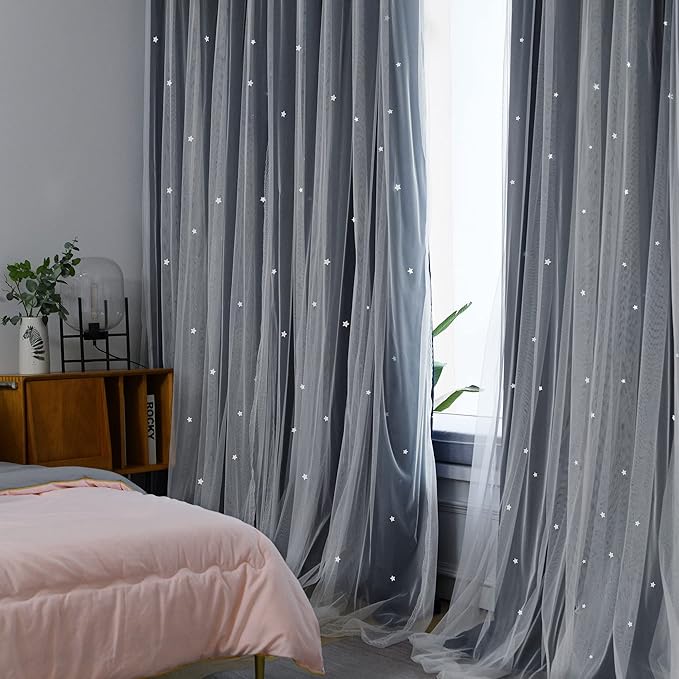 Kinryb Kids Blackout Curtains for Bedroom/Living Room/Classroom, Sheer Overlay 2 Free Tiebacks, Double Layer Curtains with Star Cutout for Kids Room(Each Piece W70xL72 Inches 2 Pcs Stone Blue)