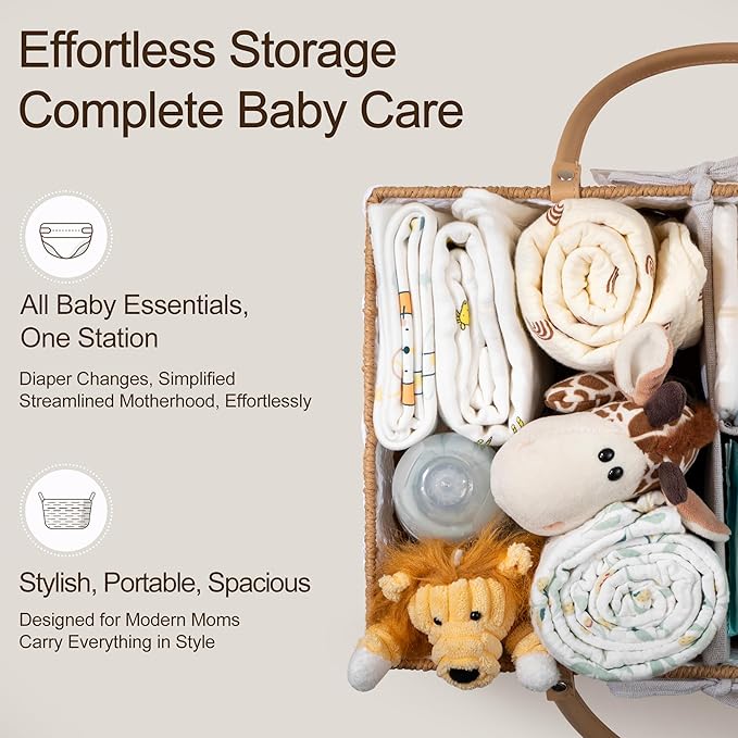 HBlife Large Diaper Caddy Organizer, Portable Paper Rope Woven Basket with Divider, Nursery Diaper Station Organizer, Baby Shower Gifts Basket & Car Organizer, Newborn Essentials