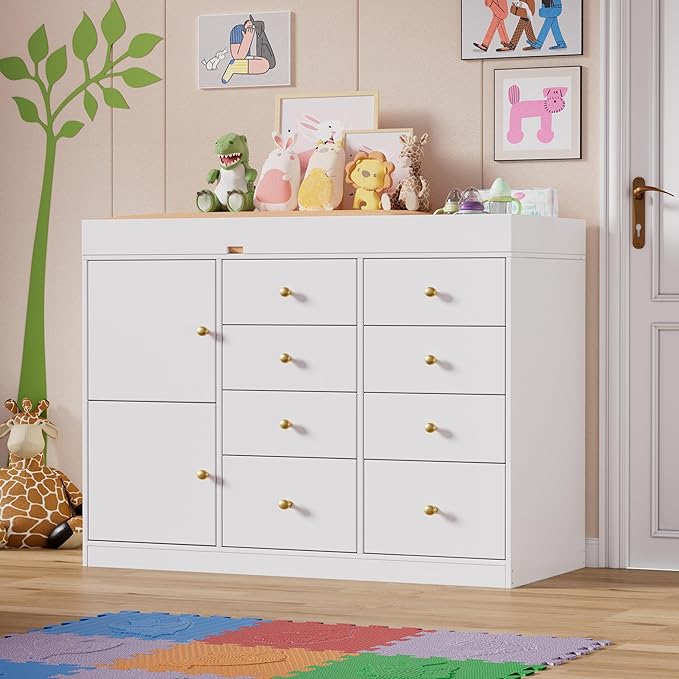 PAKASEPT Changing Table Dresser, Baby Classic Nursery Dresser with 8 Drawers and 2 Cabinet, Multi-Functional Baby Changing Table, Diaper Changing Station for Children's Room