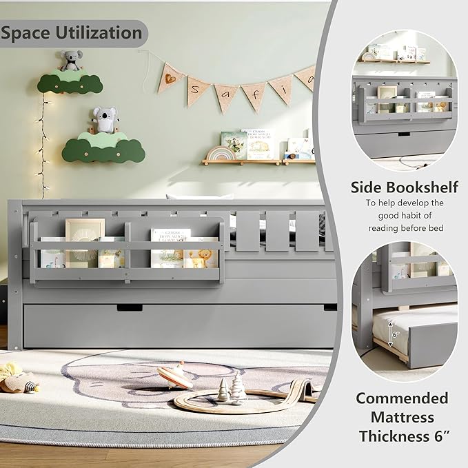 Bellemave Full Bed with Trundle and Stairs, Full Size Platform Bed Frame with Fence and Bookshelf, Easy Assemble Beds for Kids, Girls, Boys, Gray