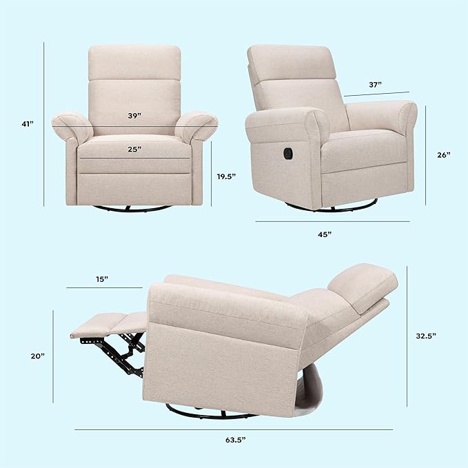 Davinci Suzy Flex Nursery Recliner and Swivel Glider with Adjustable Headrest and Armrests, High Pillowback in Beach | GREENGUARD Gold, FSC, CertiPUR-US® Certified
