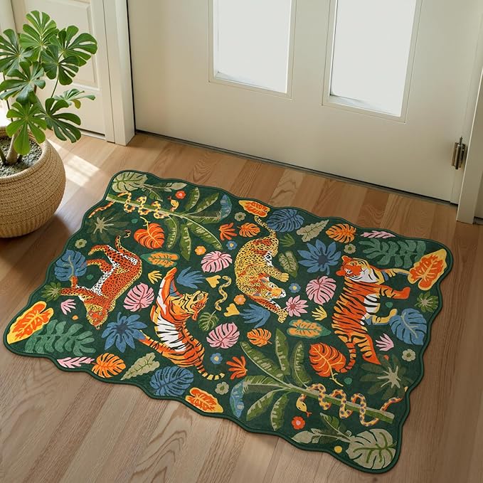 LEEVAN Washable Tiger Rug 2x3 Bathroom Rugs Non Slip Scalloped Green Entryway Doormat Leopard Front Door Mat Low Pile Rug Pad for Porch Soft Jungle Laundry Rug