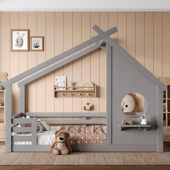 Polibi Full Size Floor Bed with House-Shaped Roof,Window and a Small Shelf, Solid Wood Low Profile Floor Bed for Kids, No Box Spring, Grey