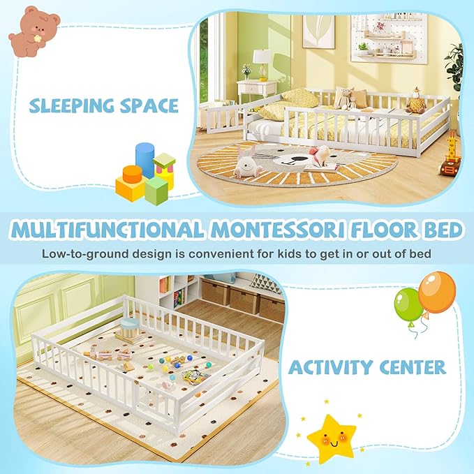 Giantex Full Floor Bed with Door & Fence, Kids Wood Montessori Beds with Safety Guardrails, Floor Bed Twin for Kids, Boys, Girls, No Box Spring Needed, White