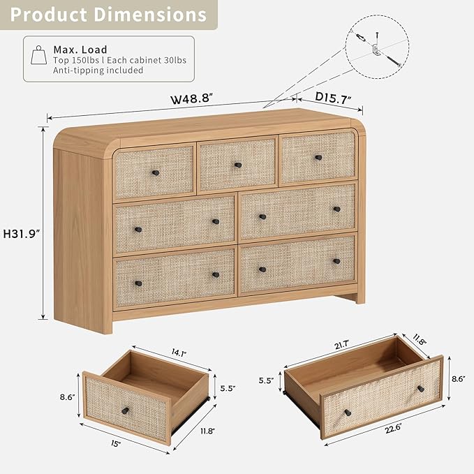 Oak&Sparrow 7 Drawer Dresser for Bedroom, 49'' Rattan Dresser with Ample Storage, Boho Chest of Drawers, Thickened Curved Profile Design, Oak Dressers for Bedroom, Living Room
