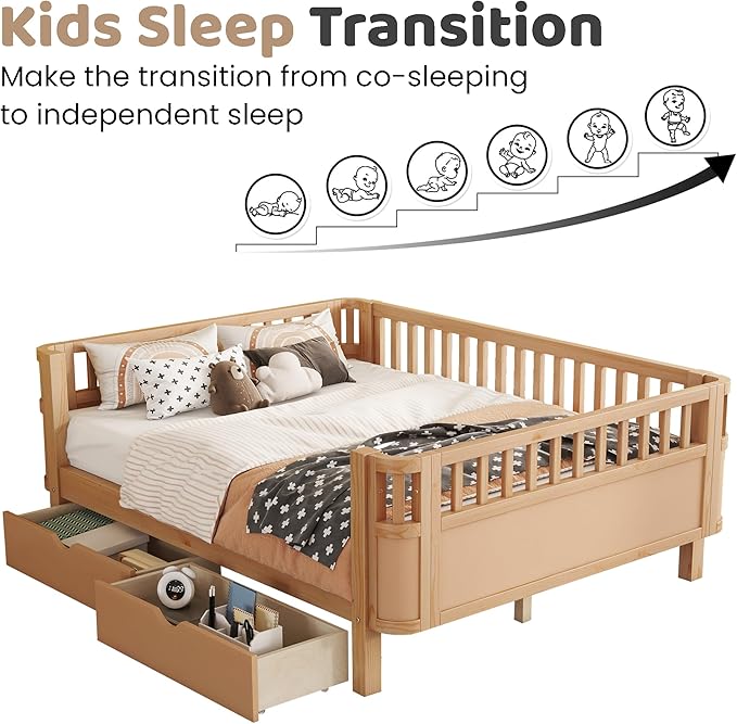 Full Size Kids Bed Frame with Rails, Wood Montessori Bed Full with 2 Storage Drawers &Slats Support, Modern Daybed with Removable Bed Rails for Girls Boys Bedroom Living Room, Natural