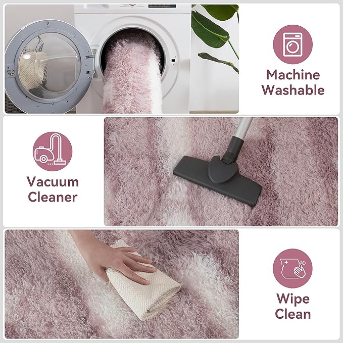 Meralax Area Rugs for Living Room Bedroom, Machine Washable 5x8 Feet Soft Fluffy Shaggy Rug, Light Purple & White Stripe Indoor Floor Carpet for Girls, Dorms, Nursery Rooms, Home Decor Aesthetic