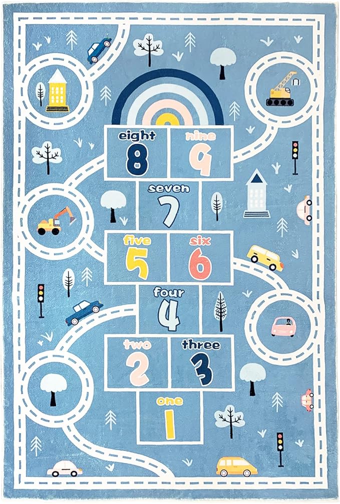 Kids Play Mat 4x6Ft Large Hopscotch Car Rug for Boys Bedroom Playroom Carpet Soft Classroom Educational Learning Area Children Rug, Blue