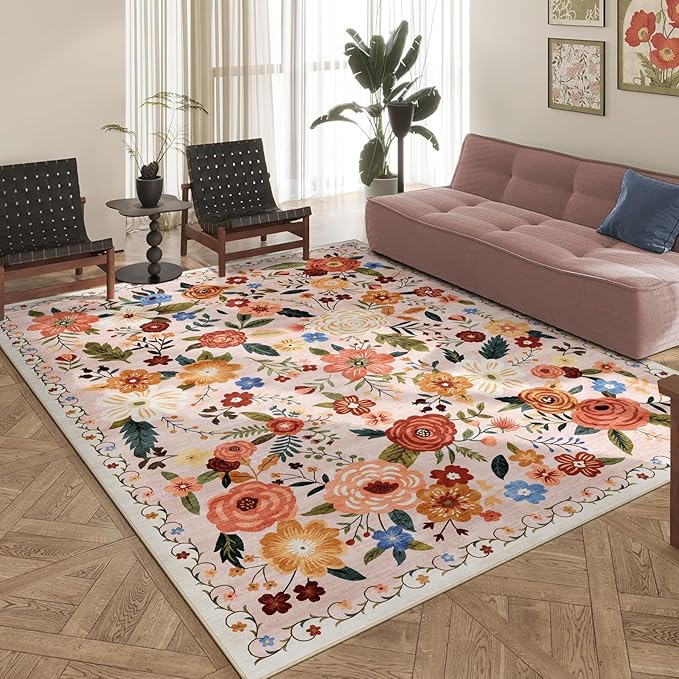 8x10 Washable Area Rug for Living Room, Floral Non-Slip Non-Shedding & Easy Care, Large Soft Low Pile Indoor Floor Carpet for Living Room, Bedroom, Farmhouse, Dining Room, Kids Playroom, Beige