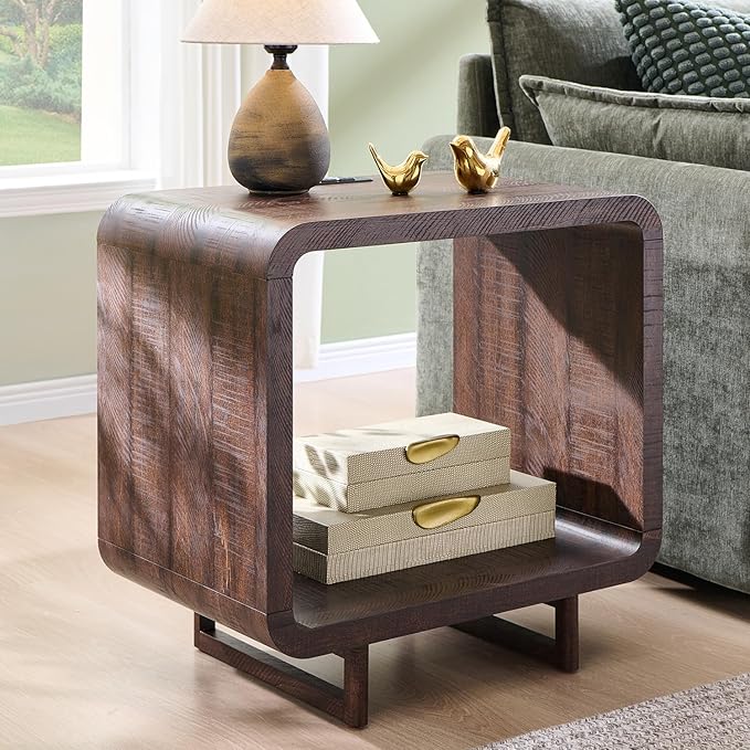 23.6" Modern End Table Set of 2, 2 Tier Side Table with Charging Station, Simple Bedside Table with Open Storage Shelf, Outlet, Wooden Nightstand for Bedroom, Living Room, Study, Brown