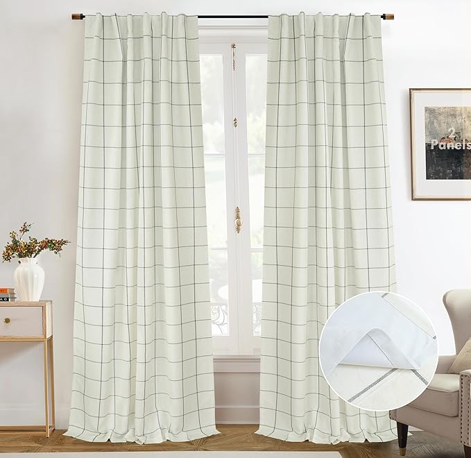 DriftAway 2 Panels 100% Blackout Windowpane Plaid Linen Curtains Double Layer Drapes for Bedroom 102 Inches Long Farmhouse Thermal Insulated 3.25 Inch Rod Pocket Back Tab for Living Room Black