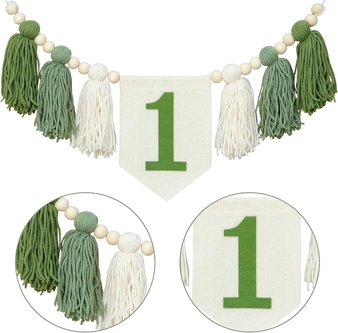 Green Wild One 1st Birthday High Chair Banner First Highchair Banner For Baby Boys Handmade Wall Hangings Boho Wood Bead Tassel Garland 1 Birthday Party Decorations Photoshoot Props Photo Props