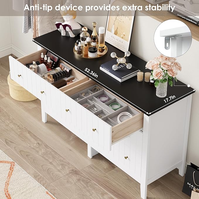 FOTOSOK White Dresser, Chest of Drawers, Modern 6 Drawer Double Dressers with Deep Drawers, Nursery Dresser for Baby, Wide Storage Organizer Cabinet for Living Room, Hallway, White&Black