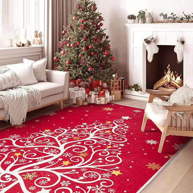5x7 Machine Washable Christmas Area Rug, Non-Slip Floor Rugs for Kids, Low Pile Room Carpet for Living Room, Bedroom, Dining Room & Nursery(5x7 Christmas Tree)